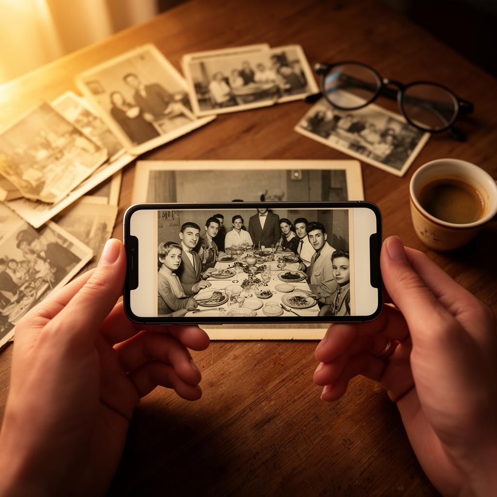 Mani che fotografano col telefono una vecchia foto di famiglia in bianco e nero